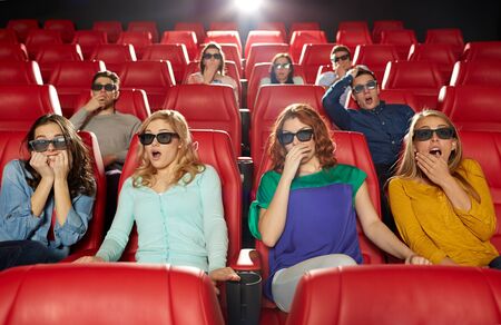 cinema, technology, entertainment and people concept - friends with 3d glasses watching horror or...