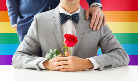 people, celebration, homosexuality, same-sex marriage and love concept - close up of male gay couple with red rose flower putting hand on shoulder over rainbow flag backgroundの写真素材