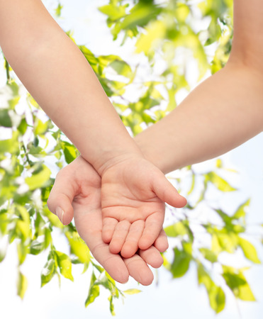 people, charity, family, children and advertisement concept - close up of woman and little child hands holding empty palms over green tree leavers backgroundの写真素材