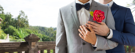 people, homosexuality, same-sex marriage and love concept - close up of happy married male gay couple in suits with buttonholes and bow-ties on wedding over balcony and nature backgroundの写真素材
