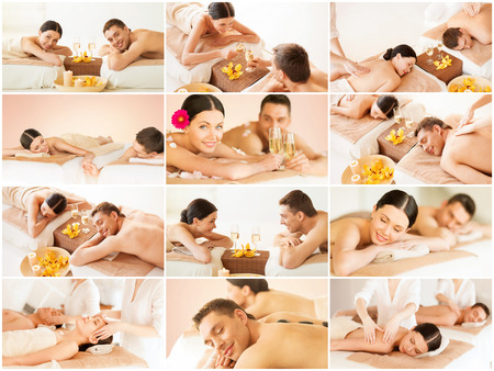 health and beauty, resort and relaxation concept - collage of many pictures with happy family couple in spa salon getting massageの写真素材