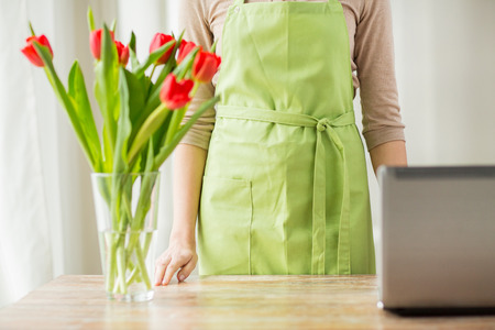 people gardening technology and profession concept  close up of woman with cut tulip flowers in vase and laptop computer at homeの写真素材