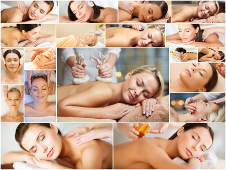 beauty, healthy lifestyle and relaxation concept - collage of many pictures with beautiful young women having facial or body massage in spa salonの写真素材