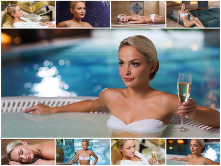beauty, spa, healthy lifestyle concept - beautiful young woman relaxing at luxury spa with hammam sauna and swimming poolの写真素材