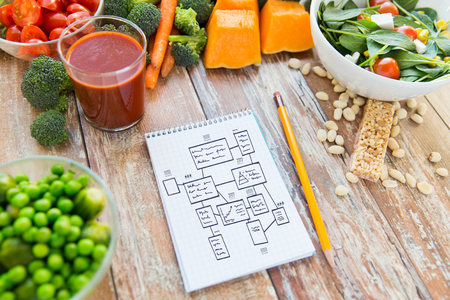 healthy eating, vegetarian food, advertisement and culinary concept - close up of ripe vegetables and notebook with scheme on wooden table