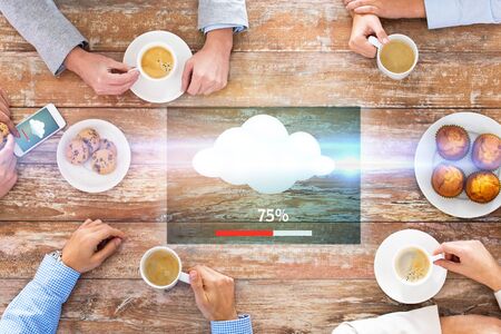 business, people and team work concept - close up of creative team meeting and drinking coffee...