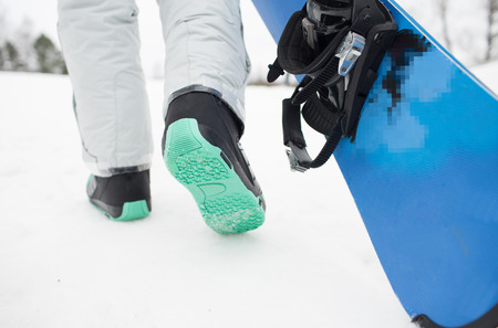 winter, leisure, sport and people concept - close up of snowboarder legs walking with snowboard outdoorsの写真素材
