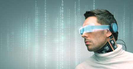 people, technology, future and progress - man with futuristic glasses and microchip implant or...