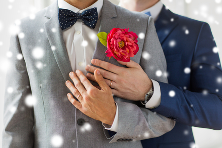 people, homosexuality, same-sex marriage and love concept - close up of happy married male gay couple in suits with buttonholes and bow-ties on wedding over snow effectの写真素材