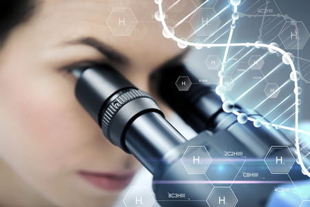 science, chemistry, technology, biology and people concept - close up of female scientist looking to microscope in clinical laboratory over hydrogen chemical formula and dna molecule structureの写真素材
