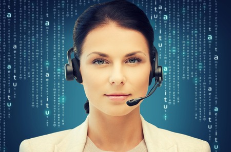 business, office, technology, future concept - friendly female helpline operatorの写真素材