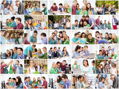 education concept - collage with many pictures of students in college, university or high schoolの写真素材