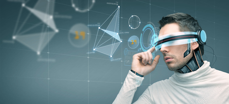 people, technology, future and progress - man with futuristic 3d glasses and microchip implant or sensors over gray background with virtual screen people, technology, future and progress - man with futuristic 3d glasses and microchip implant or sensors over gray background with virtual screen