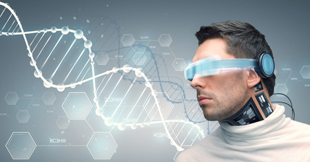 people, technology, future and progress - man with futuristic glasses and microchip implant or...