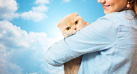 pet, animals, care and people concept - close up of happy woman holding scottish fold kitten over blue sky and clouds backgroundの写真素材