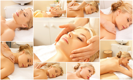 beauty, healthy lifestyle and relaxation concept - collage of many pictures with beautiful young woman having facial or body massage in spa salonの写真素材