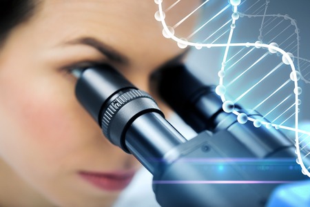 science, chemistry, technology, biology and people concept - close up of young female scientist looking to microscope eyepiece and making research in clinical laboratory with dna molecule structureの写真素材