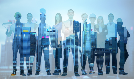 people, profession, qualification, employment and success concept - happy businessman over group of professional workers over city background people, profession, qualification, employment and success concept - happy businessman over group of professional workers over city background