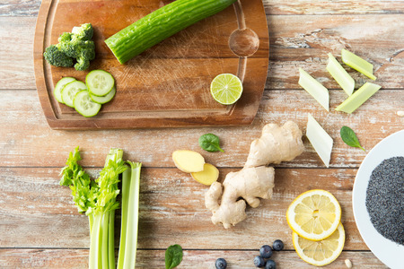 healthy eating, vegetarian food, culinary and diet concept - close up of superfood ingredients on...