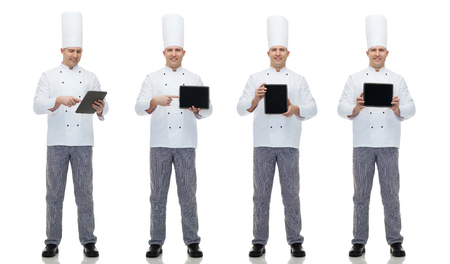 cooking, profession and people concept - happy male chef cook showing tablet pc computer black blank screenの写真素材