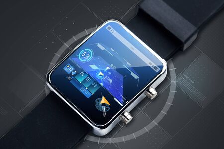 modern technology, object, navigation and media concept - close up of black smart watch with gps navigator map on screenの写真素材
