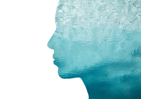 beauty, nature, travel and ecology concept - portrait of woman profile with sea water with double...