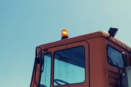 transportation, transport and vehicle parts concept - close up of road service car cabin with...