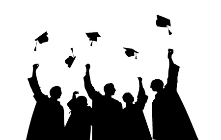 education, graduation and people concept - silhouettes of many happy students in gowns throwing mortarboards in airの写真素材