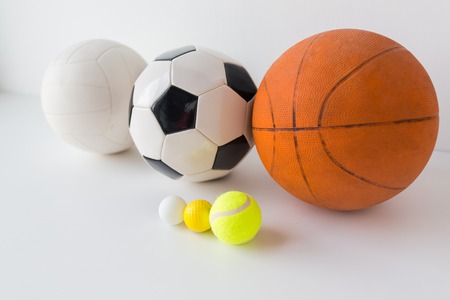 sport, fitness, game, sports equipment and objects concept - close up of different sports balls setの写真素材