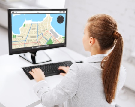 business, people, technology, navigation and education concept - businesswoman or student girl with...