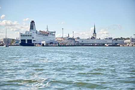 travel and tourism concept - view of sea port harbor and old town in tallinn cityの写真素材
