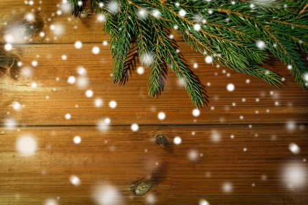 christmas, decoration, holidays and advertisement concept - close up of natural fir branch on blank brown wooden boardの写真素材