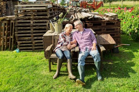 farming, gardening, old age and people concept - happy senior couple at summer farmの写真素材