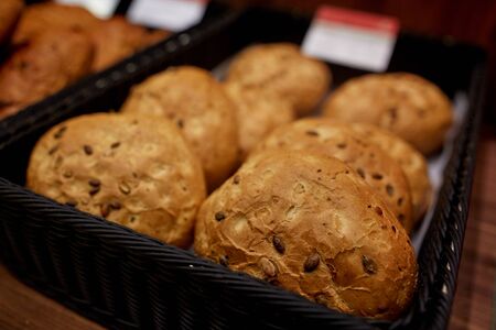close up of bread at bakery or grocery store