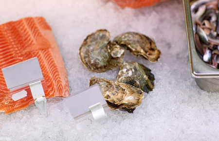 salmon fish and oysters on ice at grocery stallの写真素材