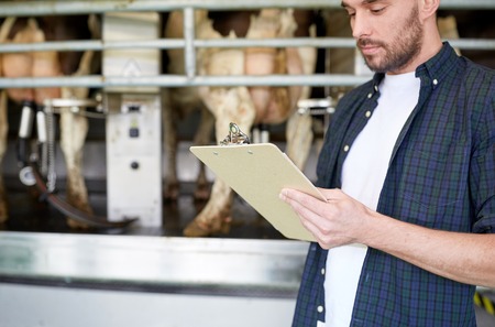 young man with clipboard and cows on dairy farm