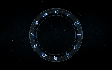 astrology and horoscope - signs of zodiac over night sky and stars dark night sky backgroundの写真素材