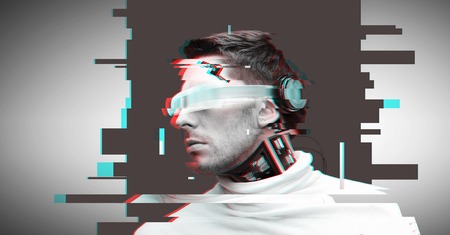 man with futuristic glasses and sensorsの写真素材