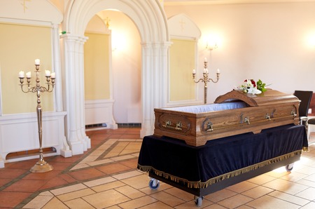 wooden coffin at funeral in orthodox church