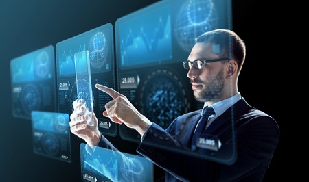 business, augmented reality and future technology concept - businessman in glasses working with...