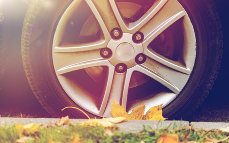 close up of car wheel and autumn leaves
