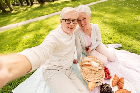 senior couple taking selfie at picnic in parkの写真素材