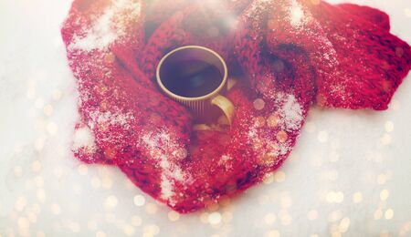 tea or coffee mug and winter scarf on snow