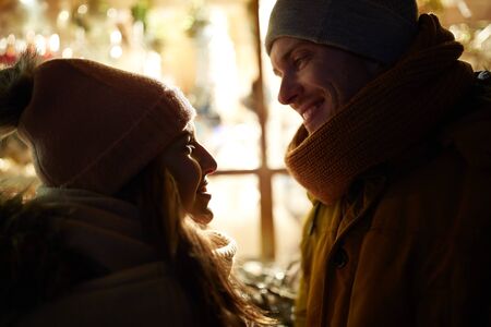 close up of happy couple in winter closesの写真素材