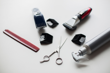 styling hair sprays, clippers, comb and scissorsの写真素材