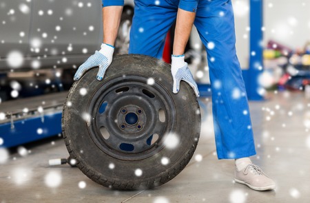 auto mechanic changing car tire at workshopの写真素材