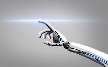 robot hand over gray backgroundの写真素材