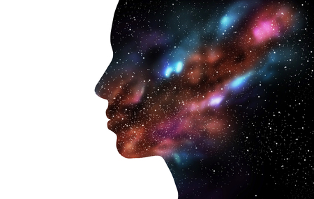 beauty, science, technology and people concept - woman profile with abstract polygonal space with connected dots and linesの写真素材