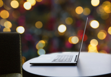 close up of laptop computer on table at christmasの写真素材