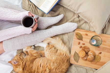 woman with coffee and red cat sleeping in bedの写真素材